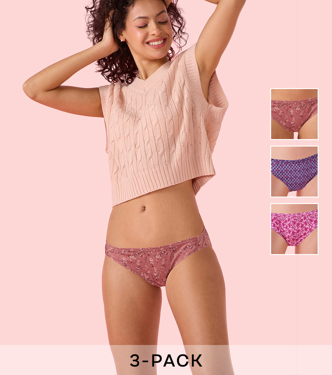Enamor CH09 Chic Cotton, All Day Comfort, Mid Waist Hipster Panty for Women - Inner Elastic, Full Coverage - Pack of 3 (Multicolorprint)