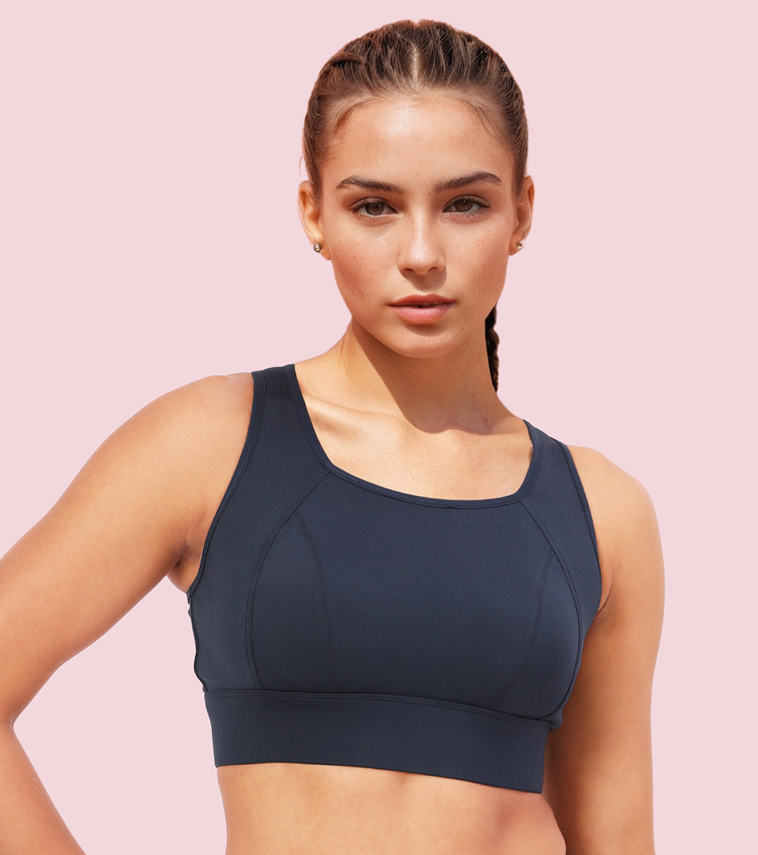 Enamor Crew Neck Sleeveless Crop length Sports Bra For Women - Hook & Eye Closure, Hugged Fit - A205 (Navy)