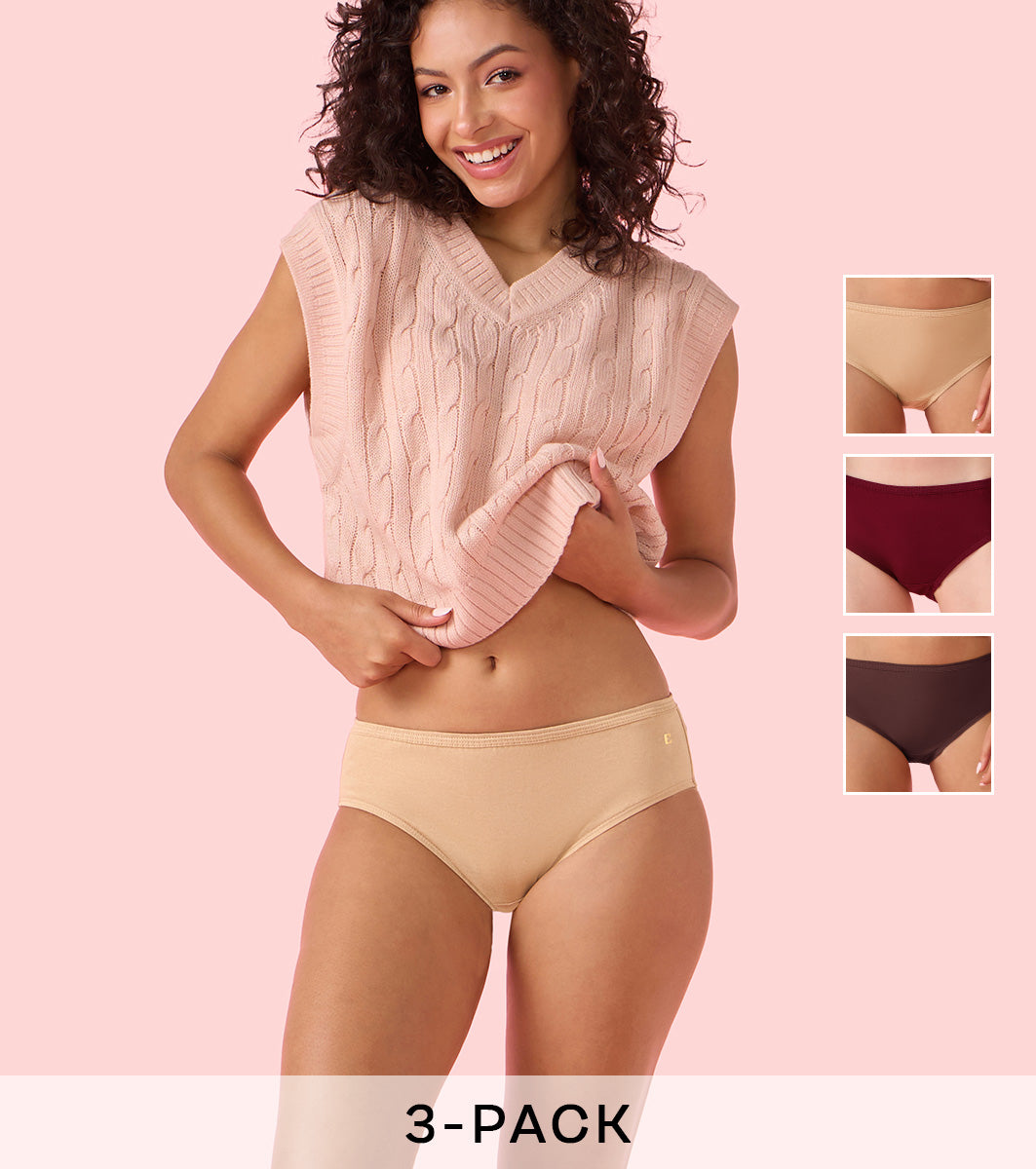 Enamor CH09 Chic Cotton, All Day Comfort, Mid Waist Hipster Panty for Women - Inner Elastic, Full Coverage - Pack of 3 (Multicolorsolid)