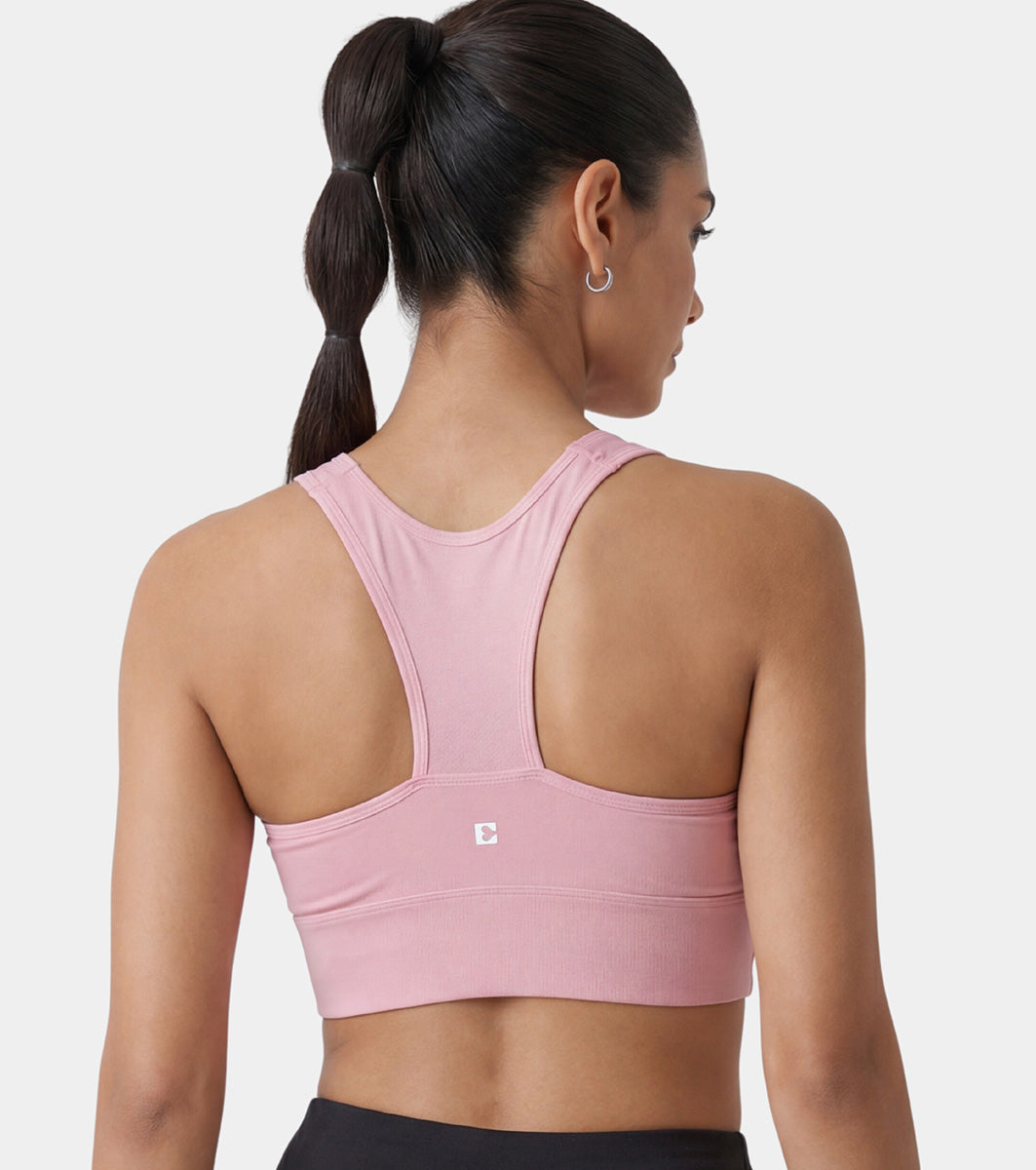 Enamor Wide Straps Seamed T-back Basic Workout Sports Bra - Quick Dry, Antimicrobial, Removable Padding, Non-Wired, Full Coverage - A202 (Pink Nectar) - Image 2