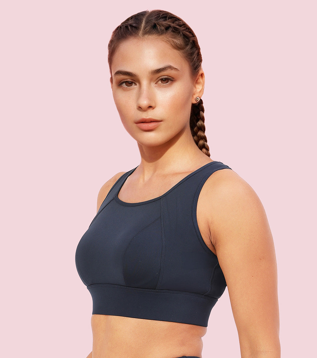 Enamor Crew Neck Sleeveless Crop length Sports Bra For Women - Hook & Eye Closure, Hugged Fit - A205 (Navy) - Image 2