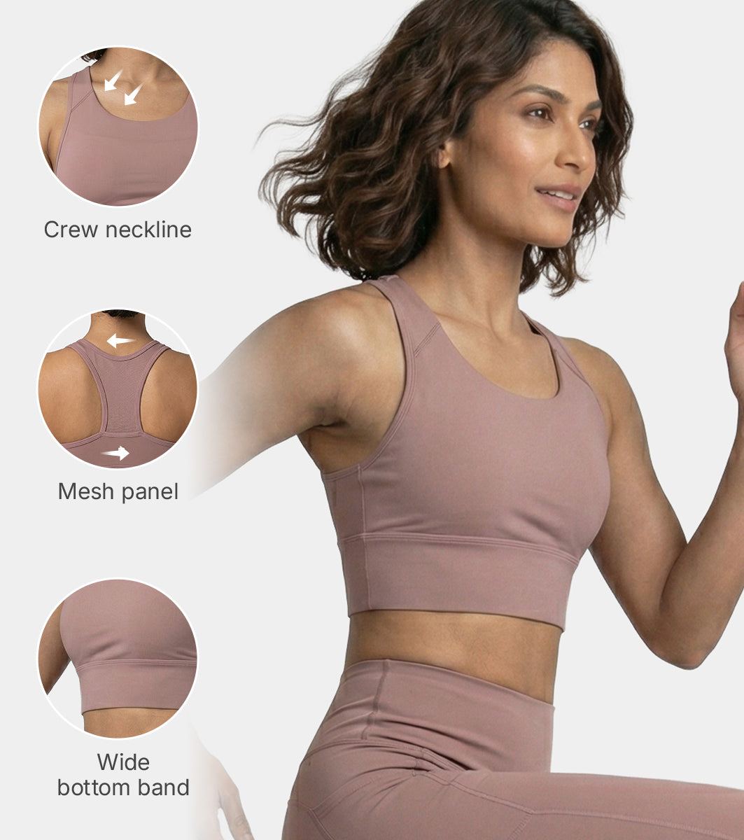 Enamor Wide Straps Seamed T-back Basic Workout Sports Bra - Quick Dry, Antimicrobial, Removable Padding, Non-Wired, Full Coverage - A202 (Twilight Mauve) - Image 3