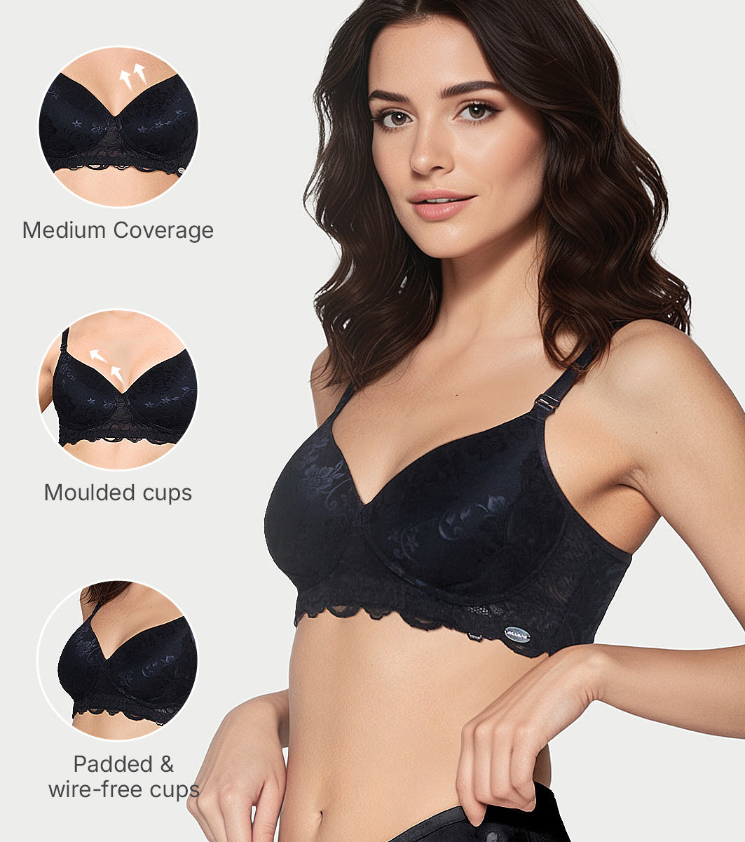 Enamor The Balconette T-Shirt Bra for Women, Padded , Wire-Free, Medium Coverage, Scallop Lace, Jacquard - FE39 (Black) - Image 3