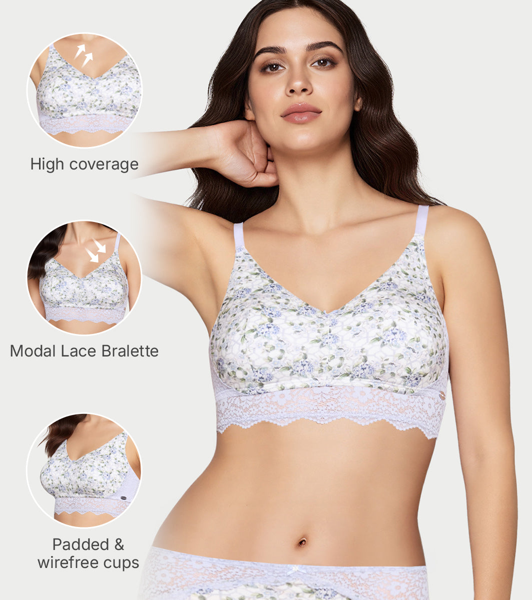 Enamor Printed Modal Lace Bralette, Padded, Wire Free, High Coverage - F226 (Tile Garden Print) - Image 3