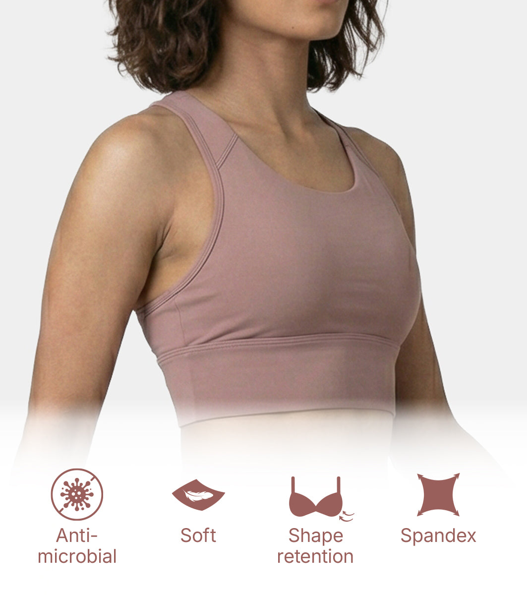 Enamor Wide Straps Seamed T-back Basic Workout Sports Bra - Quick Dry, Antimicrobial, Removable Padding, Non-Wired, Full Coverage - A202 (Twilight Mauve) - Image 4