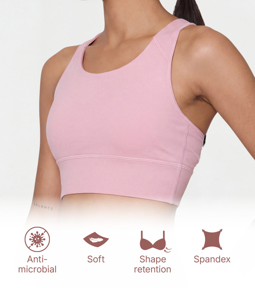 Enamor Wide Straps Seamed T-back Basic Workout Sports Bra - Quick Dry, Antimicrobial, Removable Padding, Non-Wired, Full Coverage - A202 (Pink Nectar) - Image 4