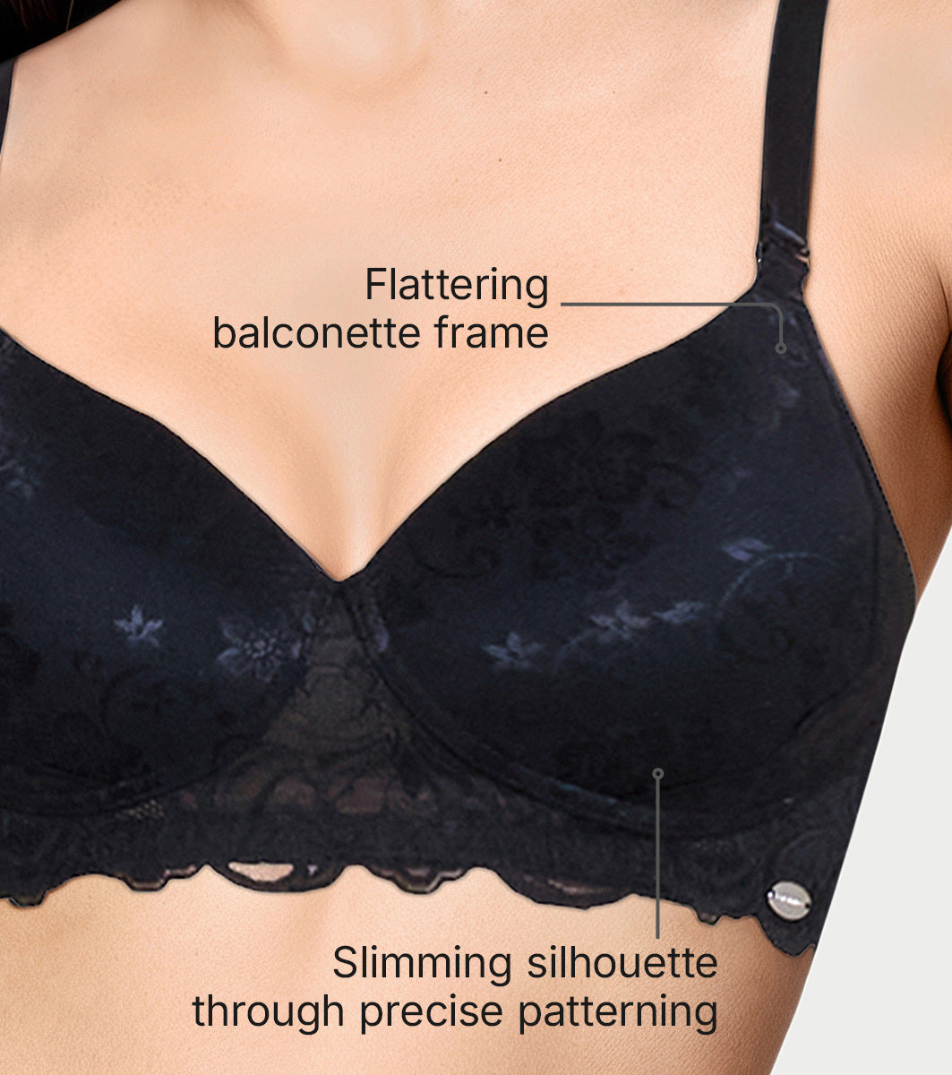 Enamor The Balconette T-Shirt Bra for Women, Padded , Wire-Free, Medium Coverage, Scallop Lace, Jacquard - FE39 (Black) - Image 5