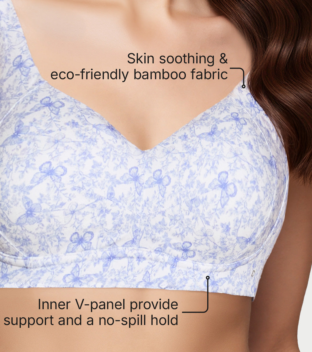 Enamor Bamboo Cotton A077, Side Support, Everyday Women's T-Shirt Bra - 3X Softer, 4X more Absorbent, Antimicrobial, Padded, Wirefree, Full Coverage (Blue Tinted Wings Print) - Image 5