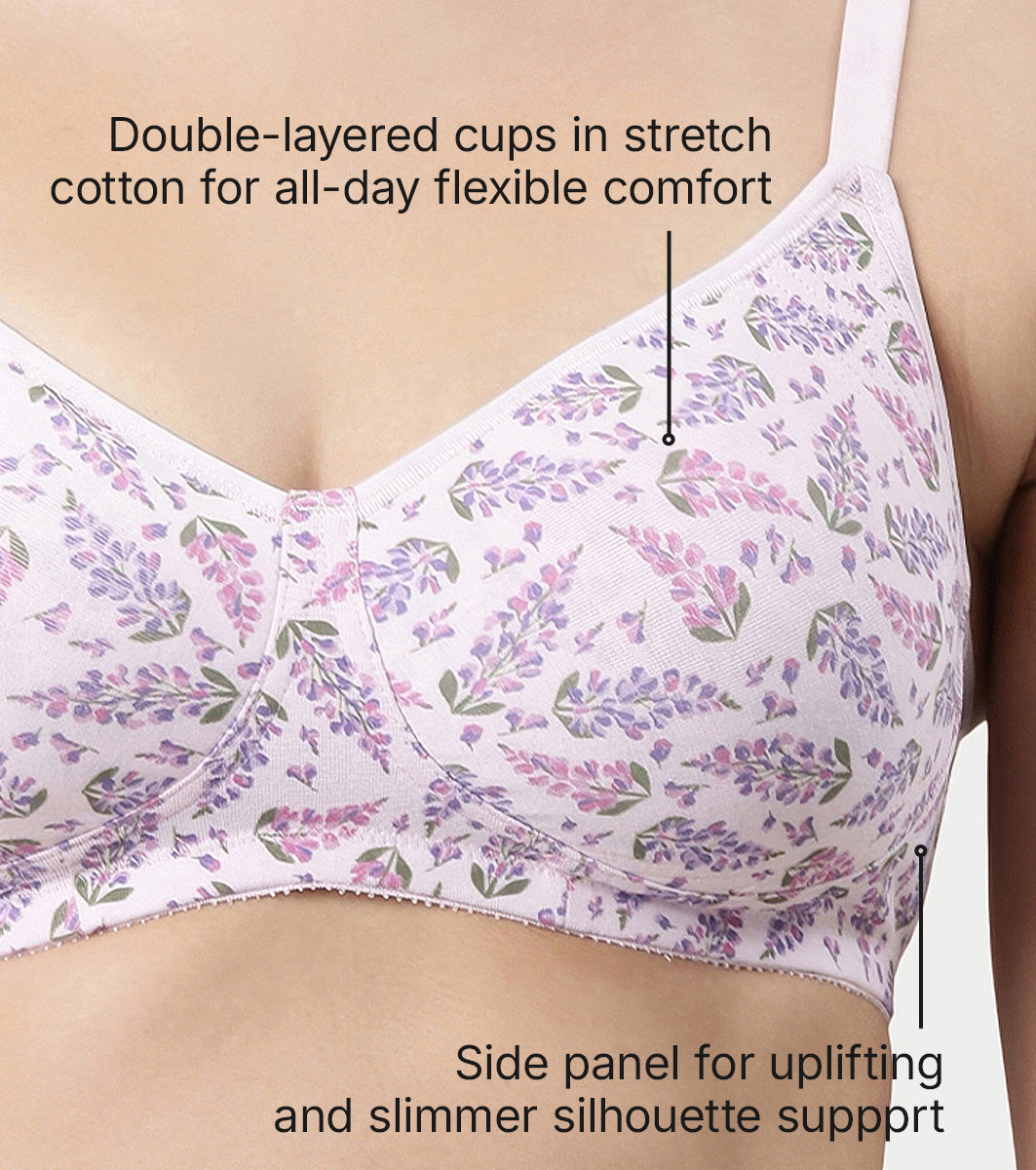 Enamor Innovations Fabcool Encircled Side Support Shaper, Non Padded, Wirefree, High Coverage, Women's Cotton Everyday Bra - A042 (Available in Plus Sizes) (Lupine Print) - Image 5