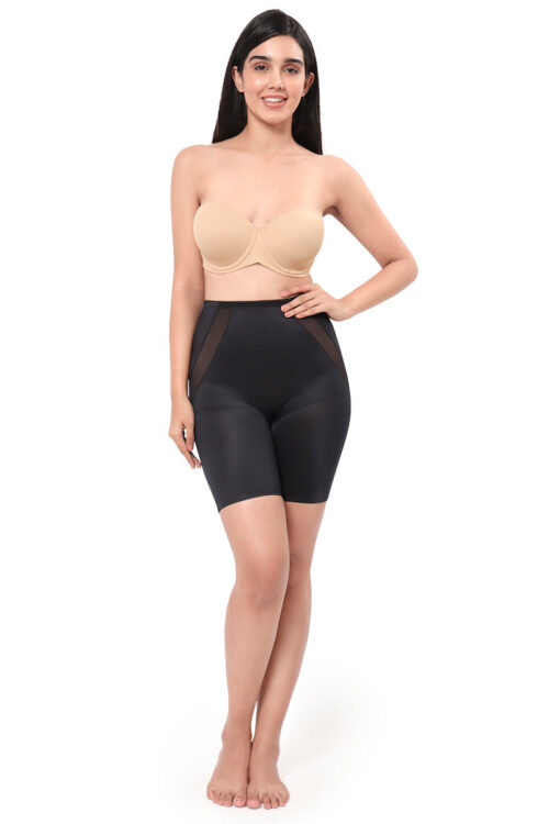 Solid Full Coverage High Rise Thigh Shaper - Black